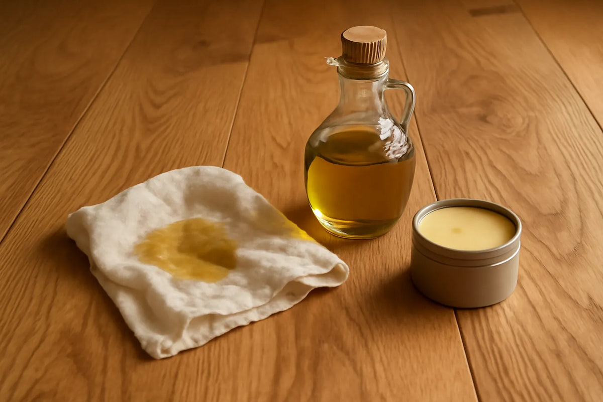 Scena di riparazione graffi su parquet con materiali naturali, olio di oliva e cera per legno.