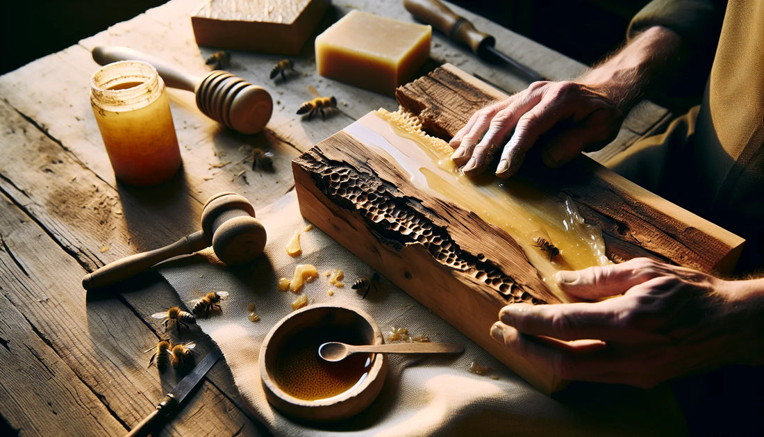 Scena di riparazione del legno con strumenti naturali e materiali tradizionali, come cera d'api e olio di lino.