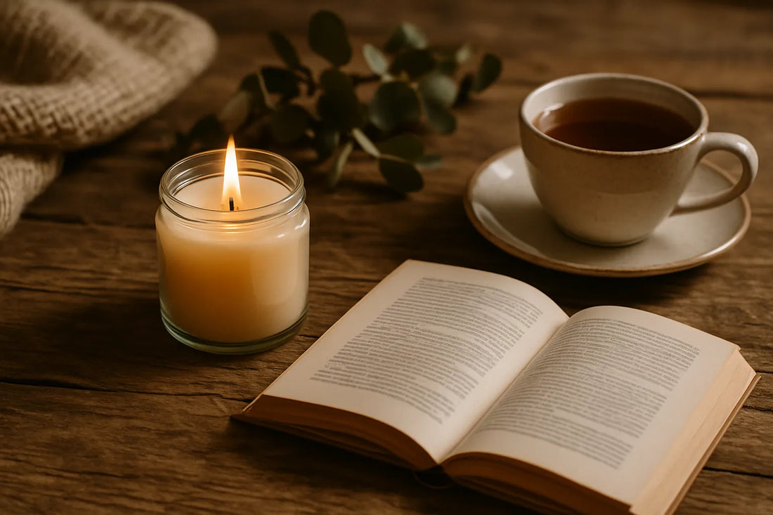 Scena evocativa di un rituale di calma con candele naturali e profumi in un ambiente accogliente