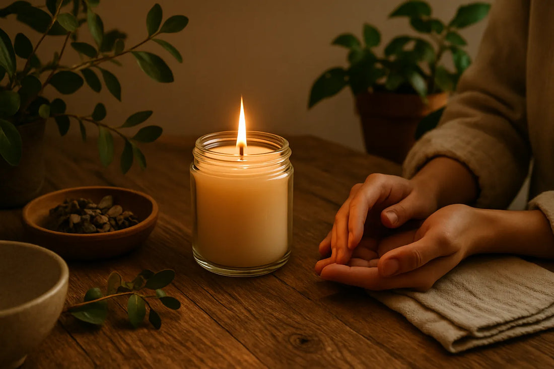 Scena evocativa di un rituale multisensoriale con candela e luce calda in un ambiente naturale