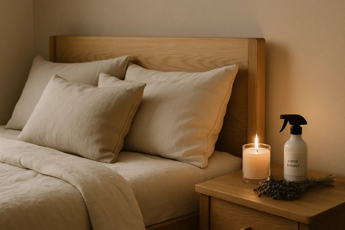 Una camera da letto serena con elementi naturali e profumi per un riposo tranquillo