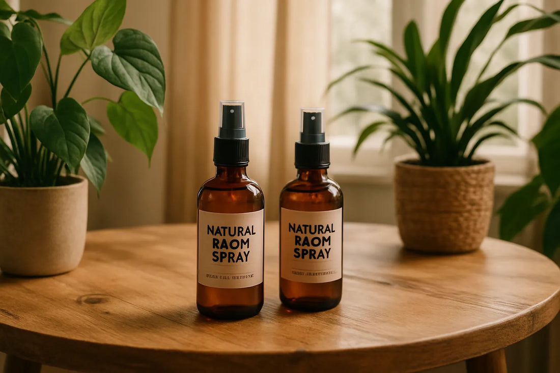 Una scena di un ambiente domestico luminoso e accogliente, con spray ambiente naturali su un tavolo in legno, circondato da piante verdi e luce morbida.