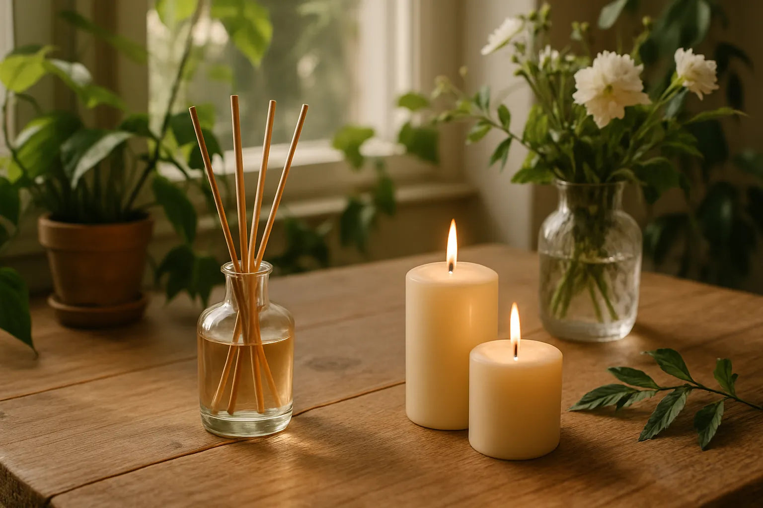 Scena evocativa di un rituale olfattivo con diffusore e candele su un tavolo in legno