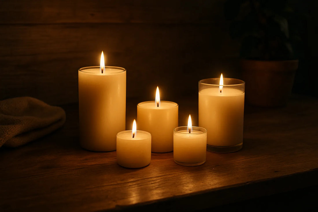 Scena di un rituale olfattivo serale con candele naturali su un tavolo di legno