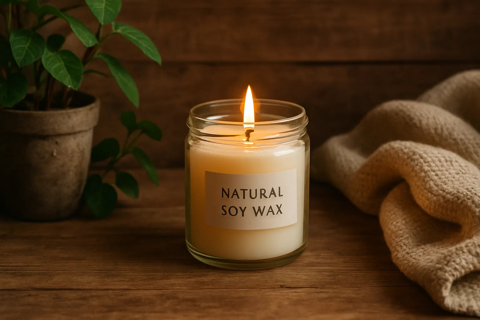 Scena di un angolo di calma con una candela naturale accesa su un tavolo di legno, circondato da elementi naturali.