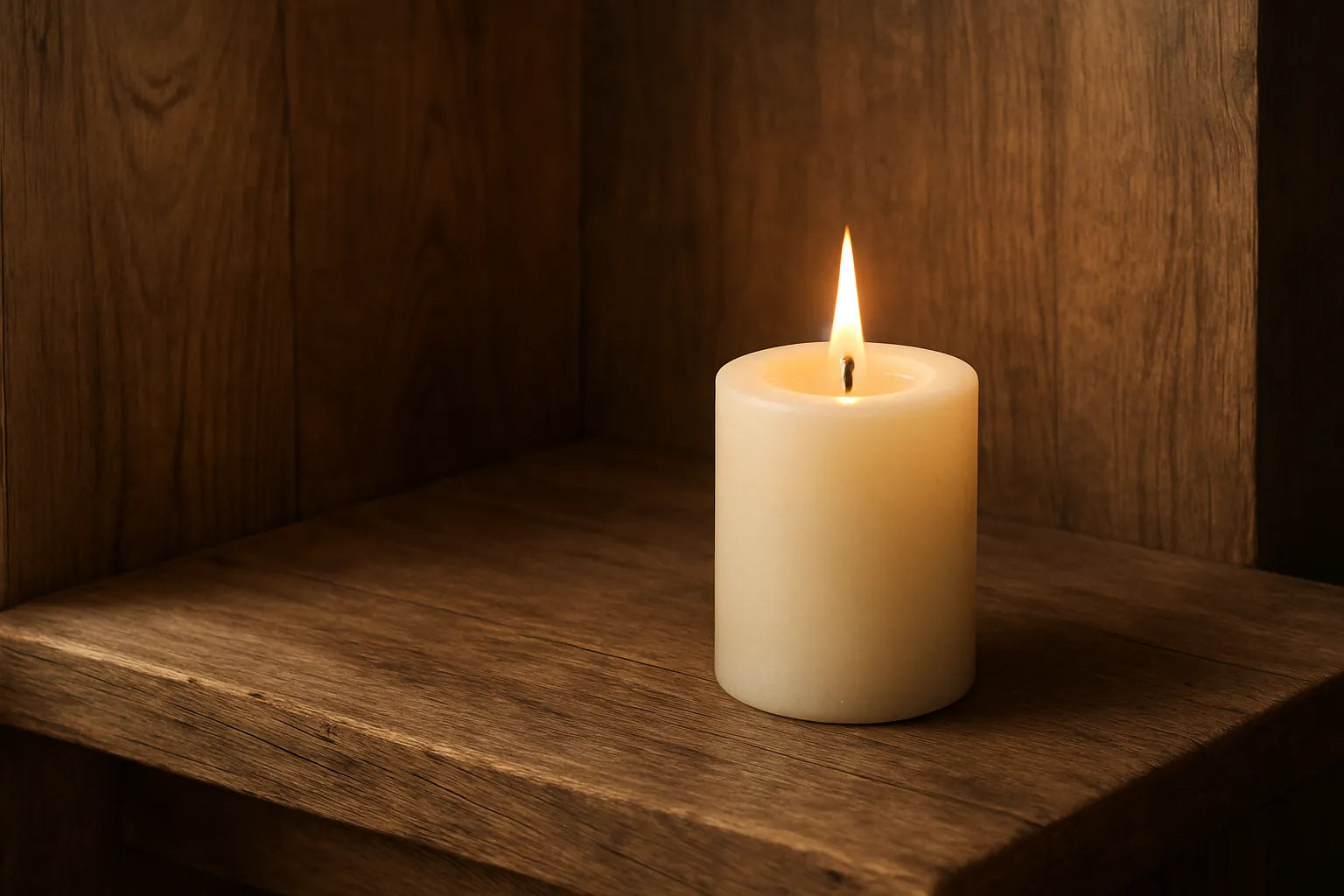Scena di un angolo tranquillo di casa con candela naturale accesa e superfici in legno