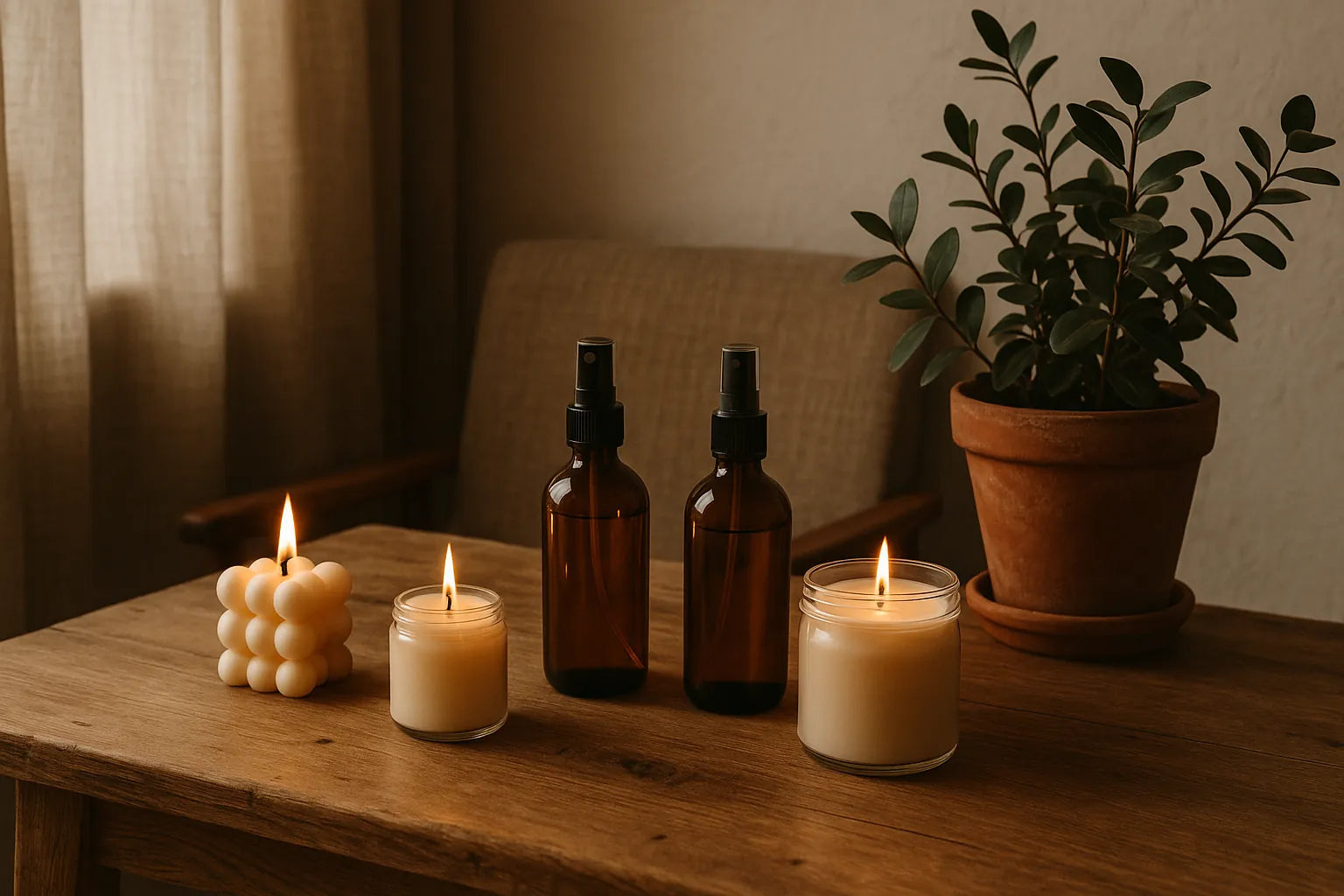 Un angolo accogliente di casa con candele naturali e spray profumati su un tavolo di legno