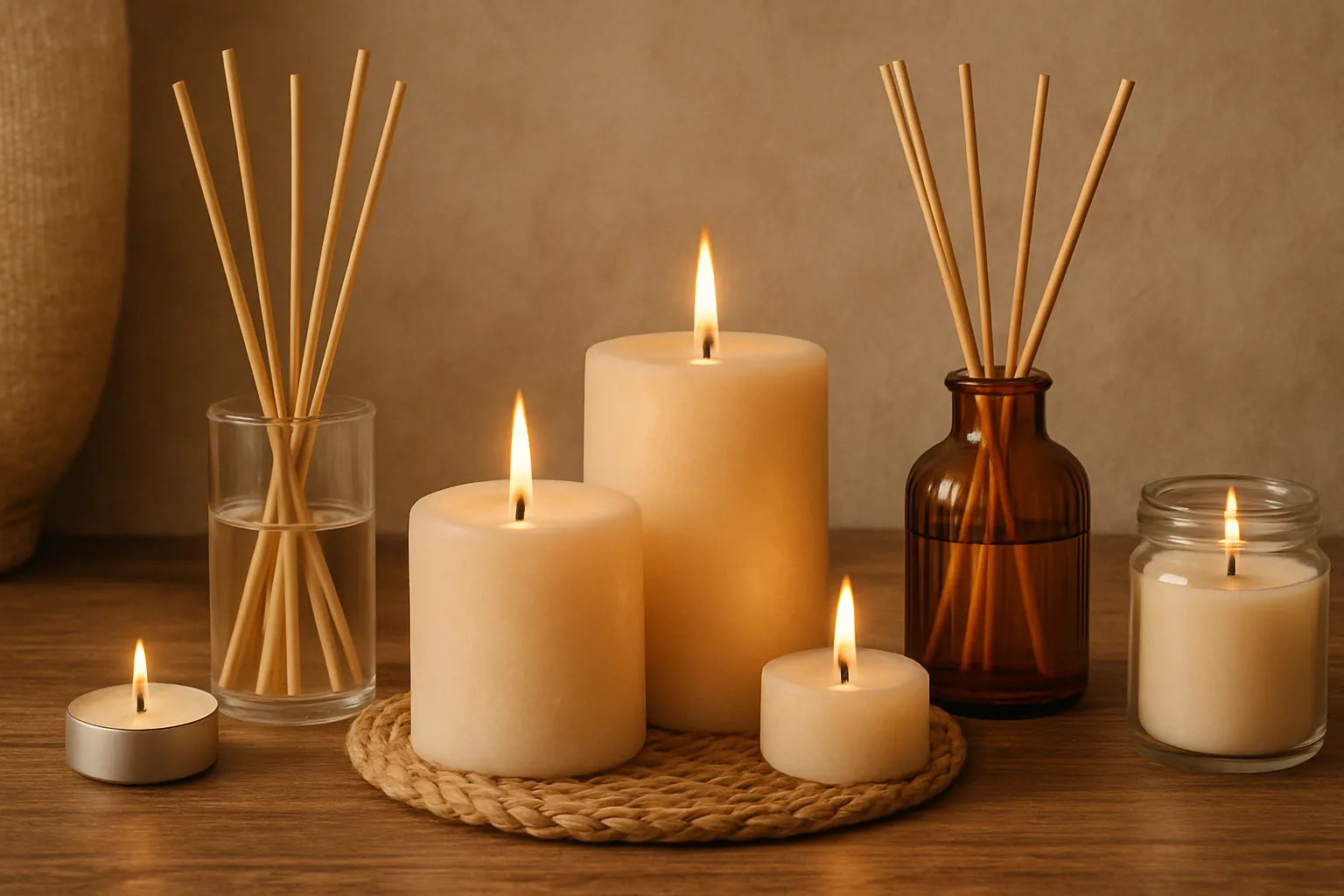 Scena evocativa di candele e diffusori naturali su una superficie in legno, rappresentante rituali olfattivi stagionali.