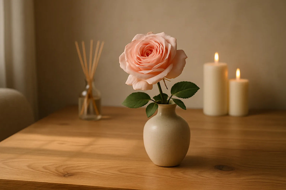 Scena evocativa di un ambiente domestico con rosa damascena e superfici in legno naturale