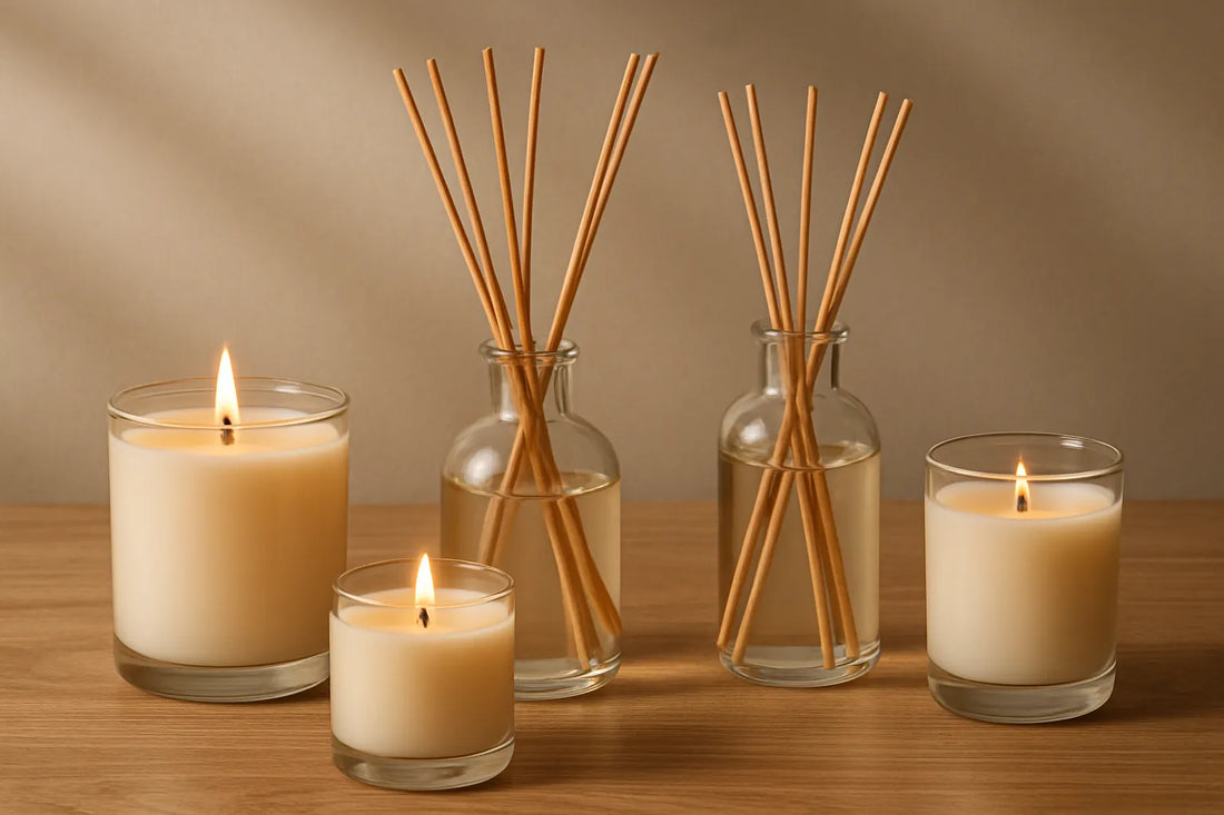 Scena evocativa di una routine olfattiva consapevole con candele e diffusori in legno