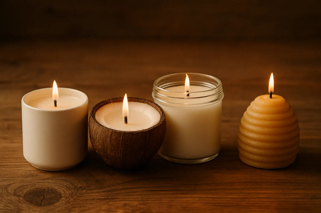 Scena evocativa di candele naturali su un tavolo in legno, con texture e luce morbida