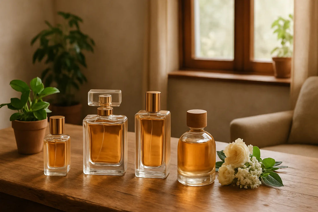 Scena evocativa con fragranze naturali e superfici in legno per il benessere domestico