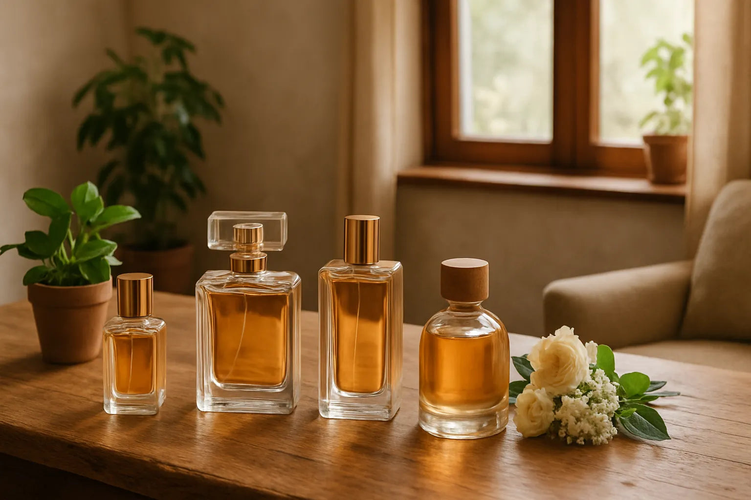 Scena evocativa con fragranze naturali e superfici in legno per il benessere domestico