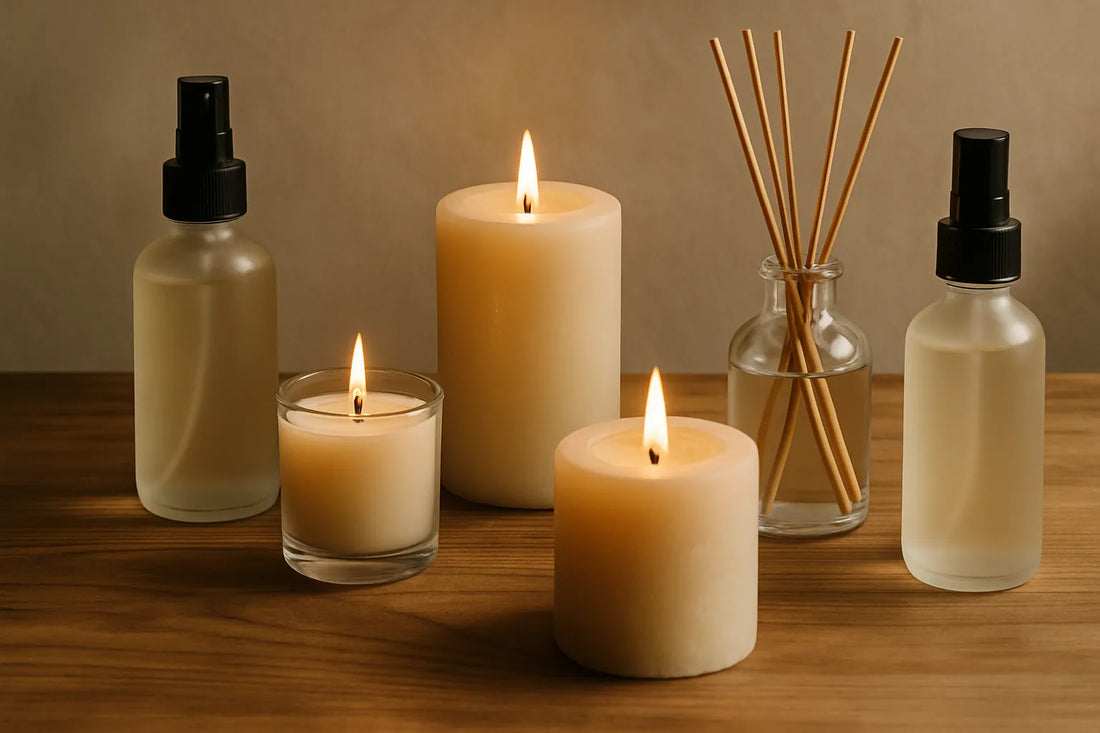 Scena evocativa di candele, spray e diffusori su un tavolo in legno naturale, con luce morbida che crea un'atmosfera accogliente.