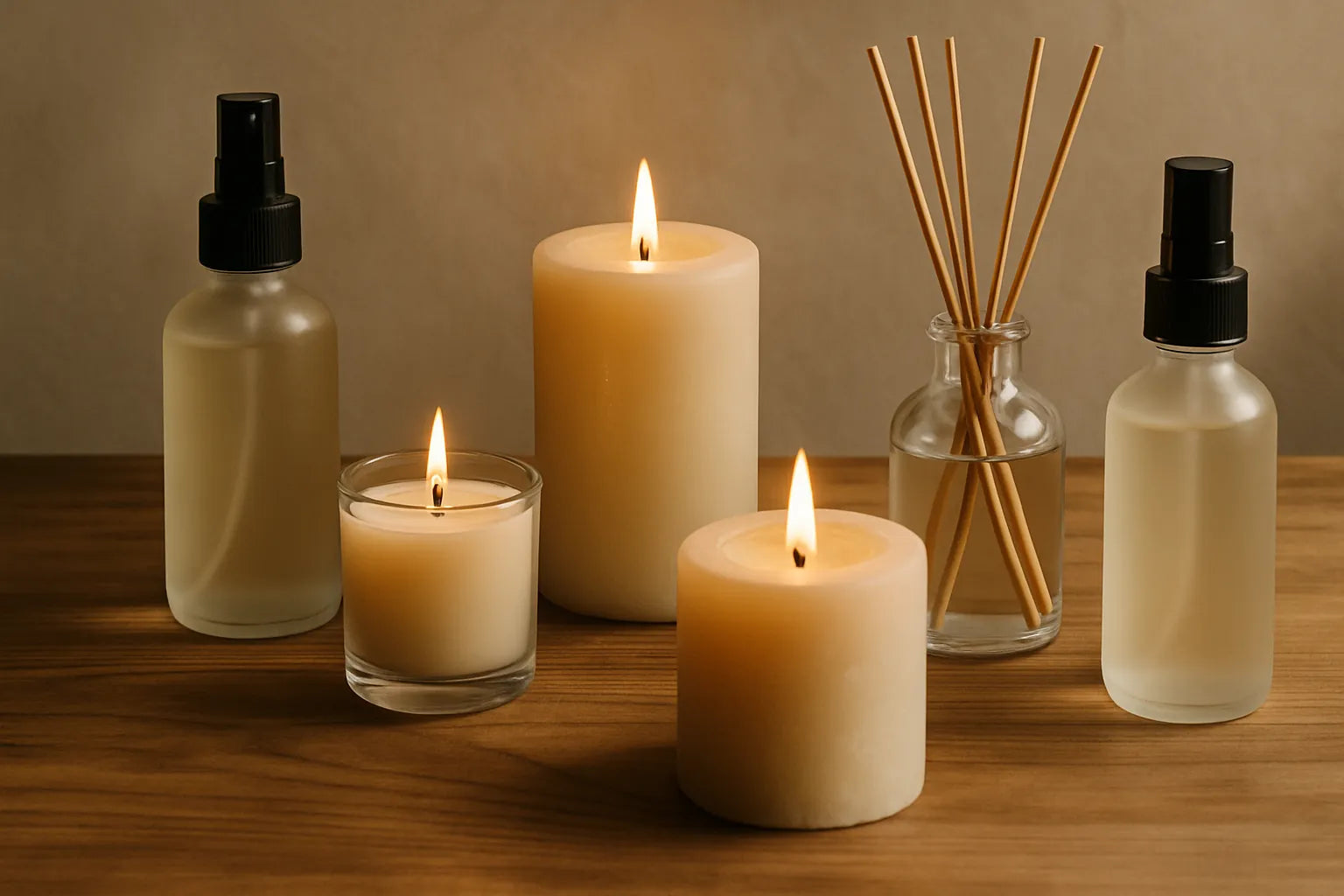 Scena evocativa di candele, spray e diffusori su un tavolo in legno naturale, con luce morbida che crea un'atmosfera accogliente.