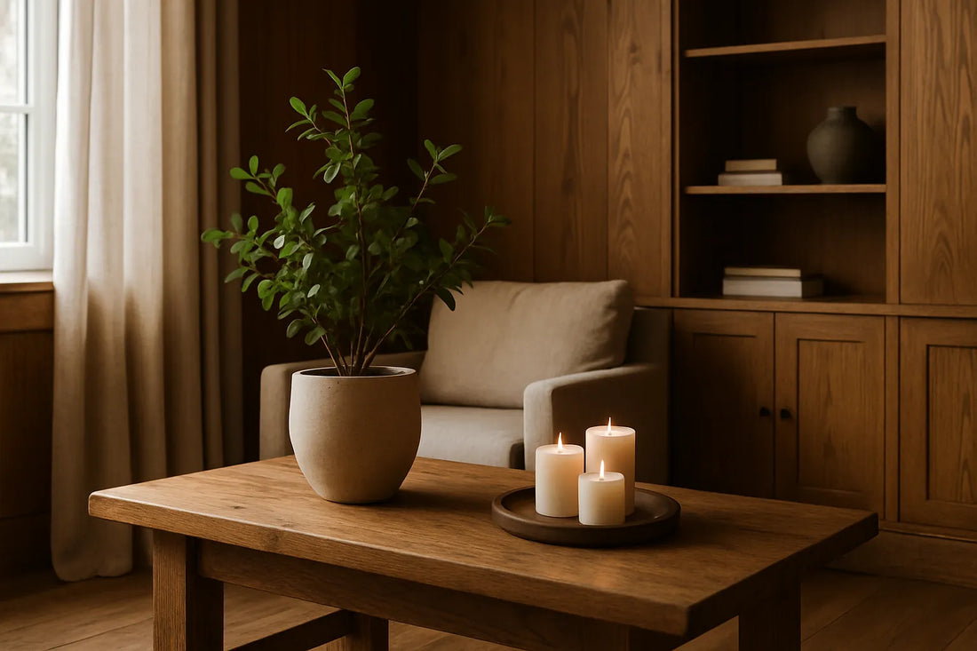 Interno di una casa con superfici in legno e atmosfera naturale, rappresentante il concetto di silenzio olfattivo.