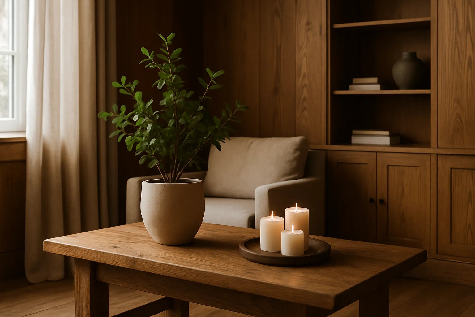 Interno di una casa con superfici in legno e atmosfera naturale, rappresentante il concetto di silenzio olfattivo.