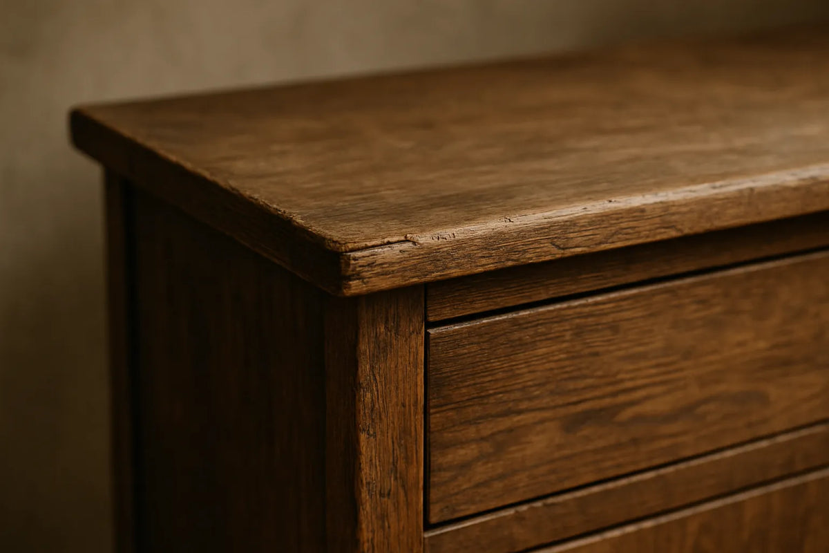 Dettaglio di un mobile in legno con spigoli e bordi evidenziati, mostrando usura e manutenzione.