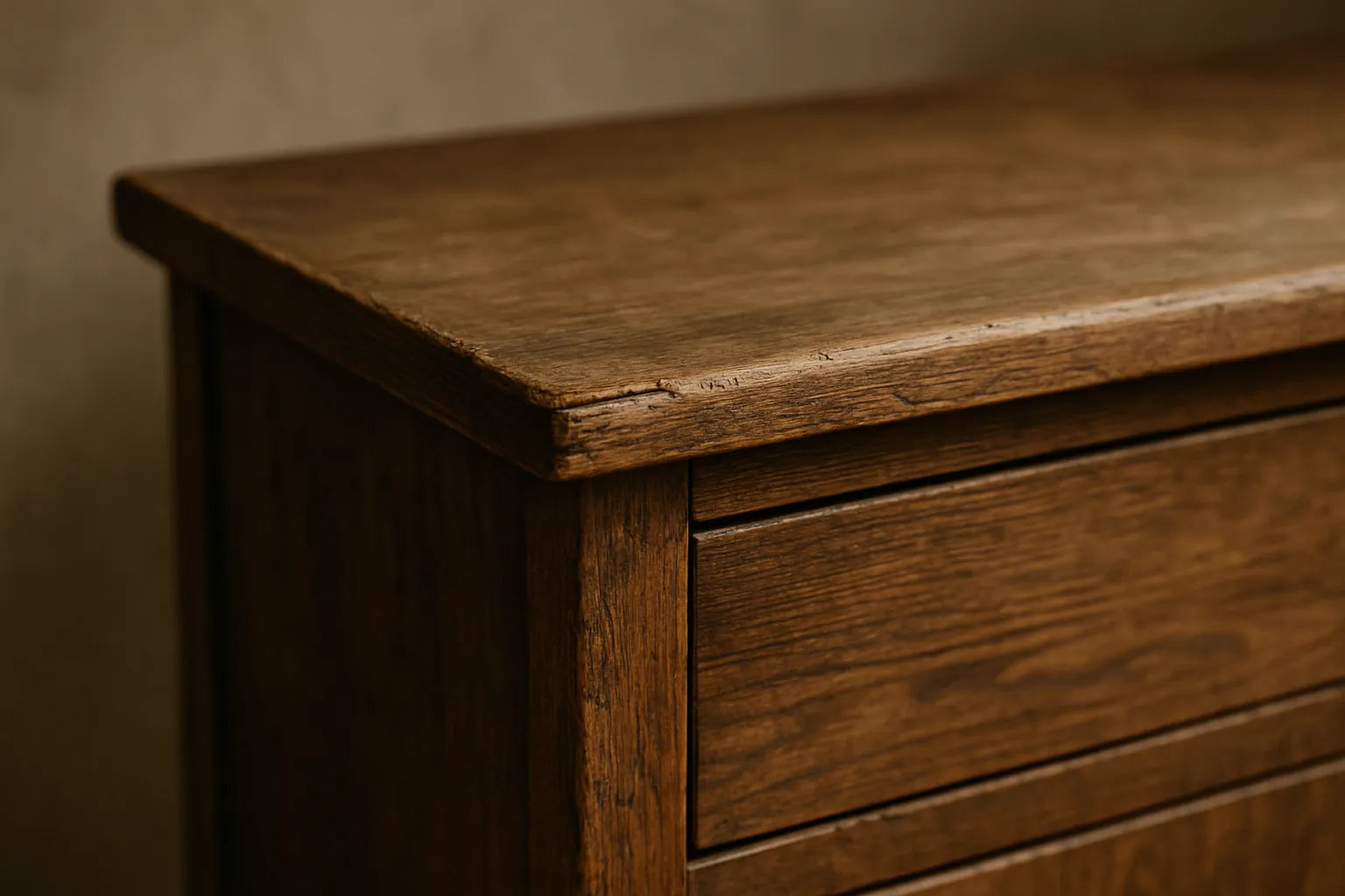 Dettaglio di un mobile in legno con spigoli e bordi evidenziati, mostrando usura e manutenzione.
