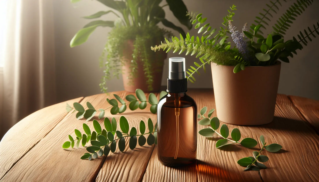 Bottiglia di spray naturale su un tavolo in legno con piante verdi sullo sfondo