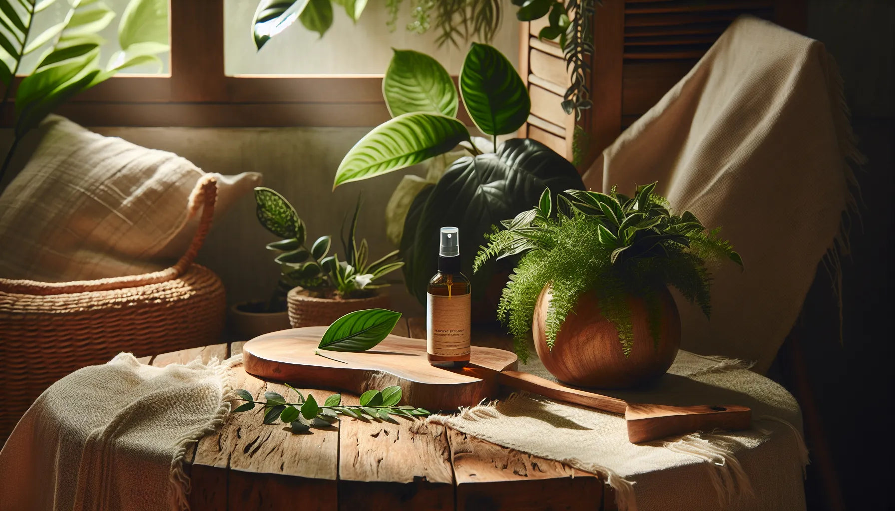 Scena di un ambiente accogliente con spray naturali e superfici in legno