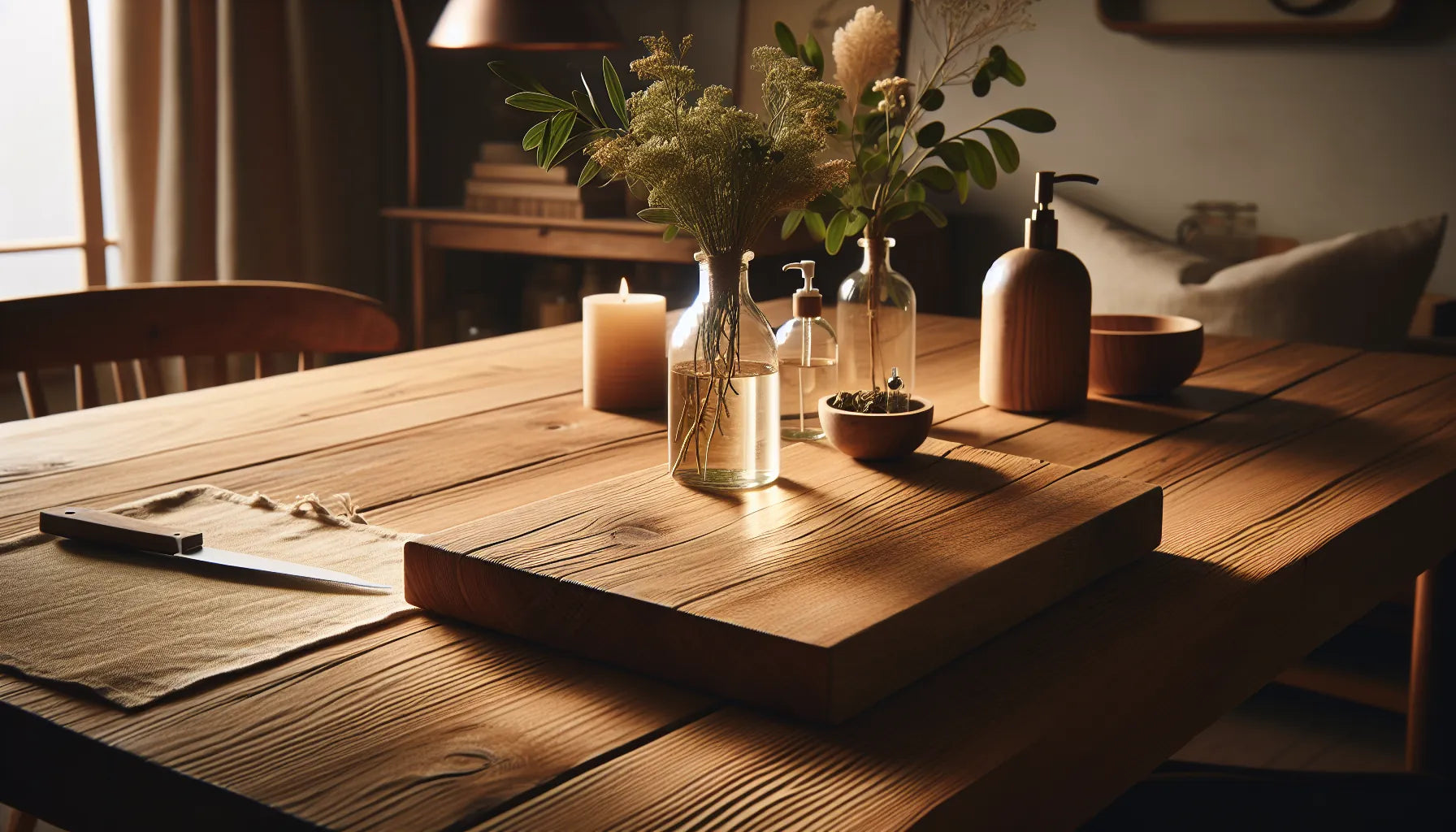 Scena di un ambiente domestico con spray naturali su una superficie in legno, luce morbida e atmosfera accogliente