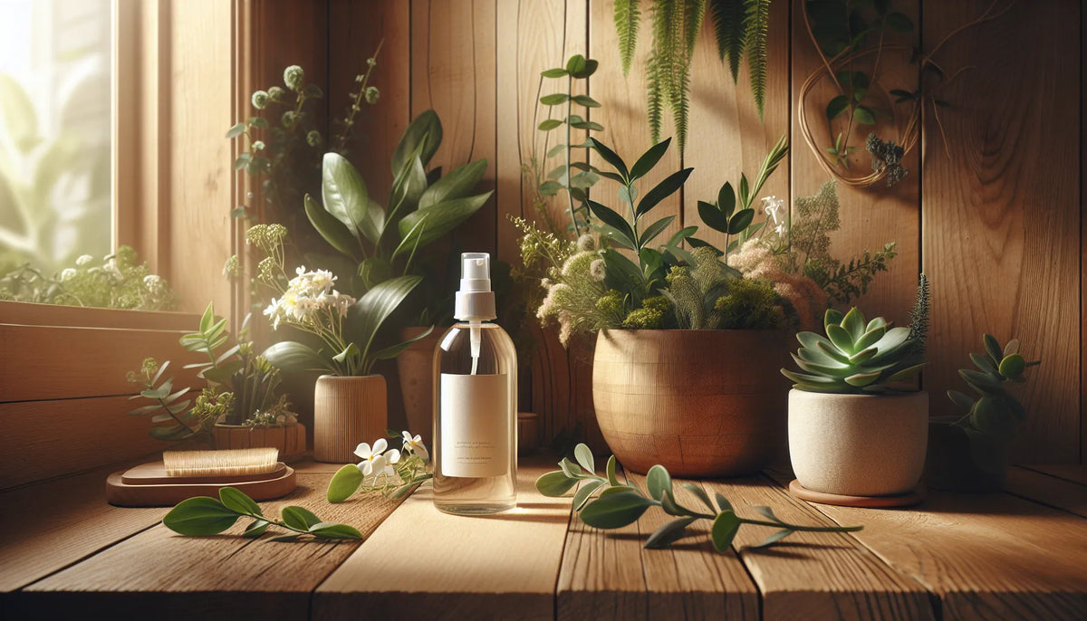 Un ambiente accogliente con spray naturali per la profumazione, legno e superfici naturali in evidenza.