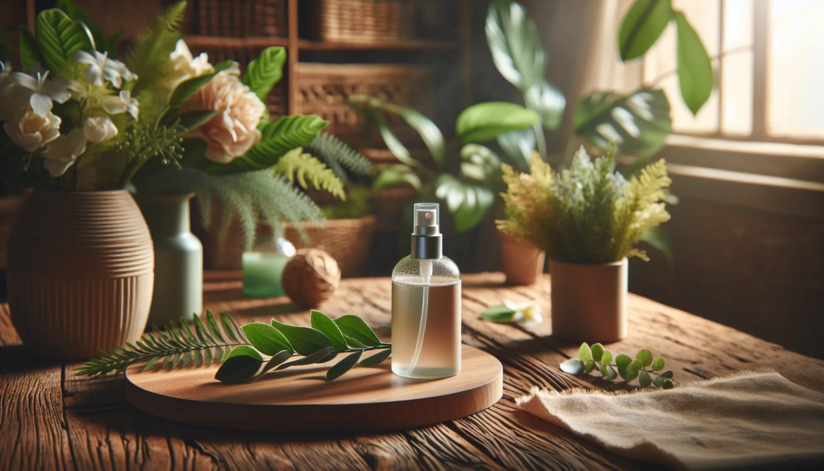Scena evocativa di spray naturali per ambienti su un tavolo in legno con piante verdi