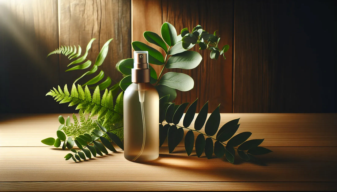 Scena evocativa di spray naturali su una superficie in legno con piante verdi