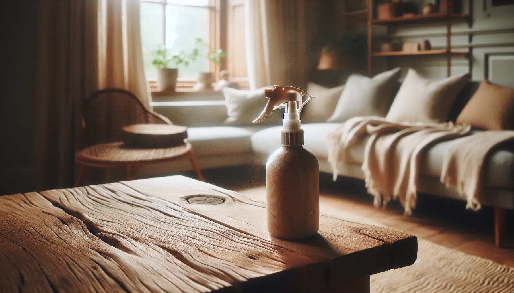 Scena di un ambiente domestico con spray naturali su una superficie in legno, atmosfera calda e accogliente