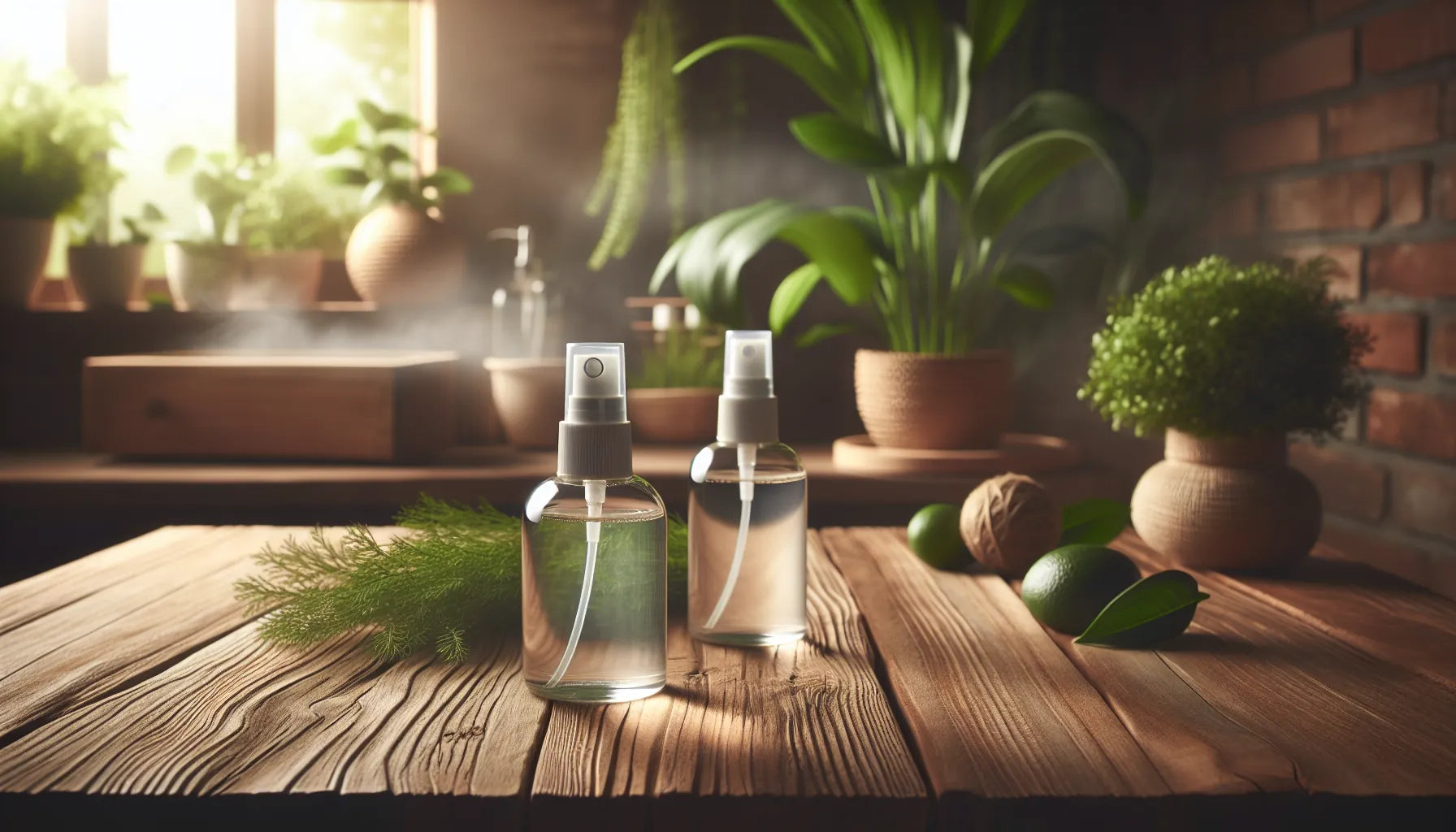 Scena evocativa di spray naturali su una superficie in legno, con piante verdi sullo sfondo.