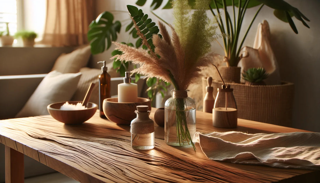 Scena di un ambiente accogliente con spray naturali su una superficie in legno