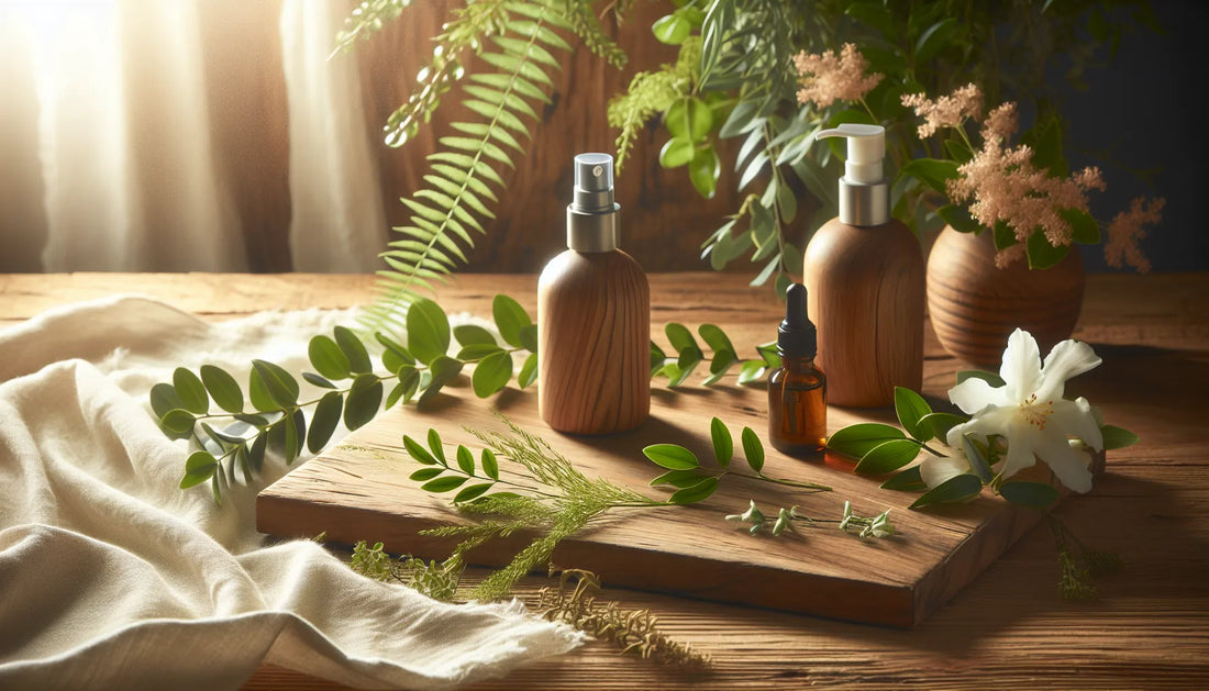 Scena evocativa di spray naturali su una superficie in legno, con piante e luce morbida