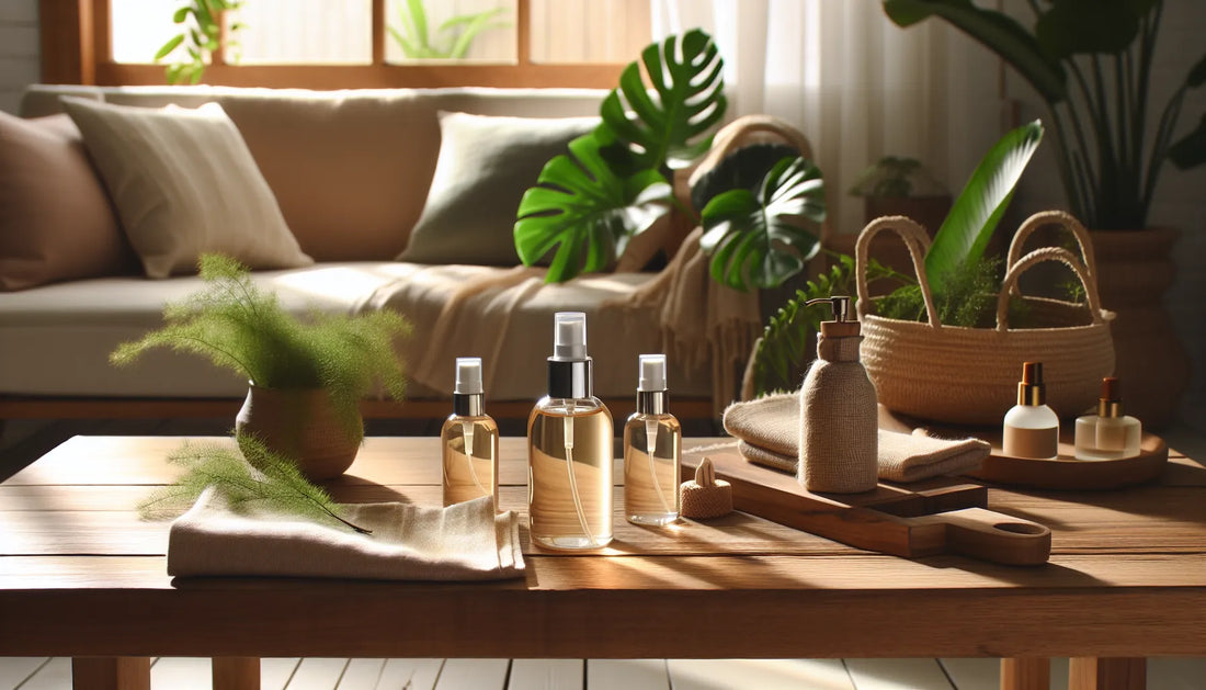 Scena di un ambiente domestico con spray naturali su un tavolo in legno, atmosfera calda e accogliente.