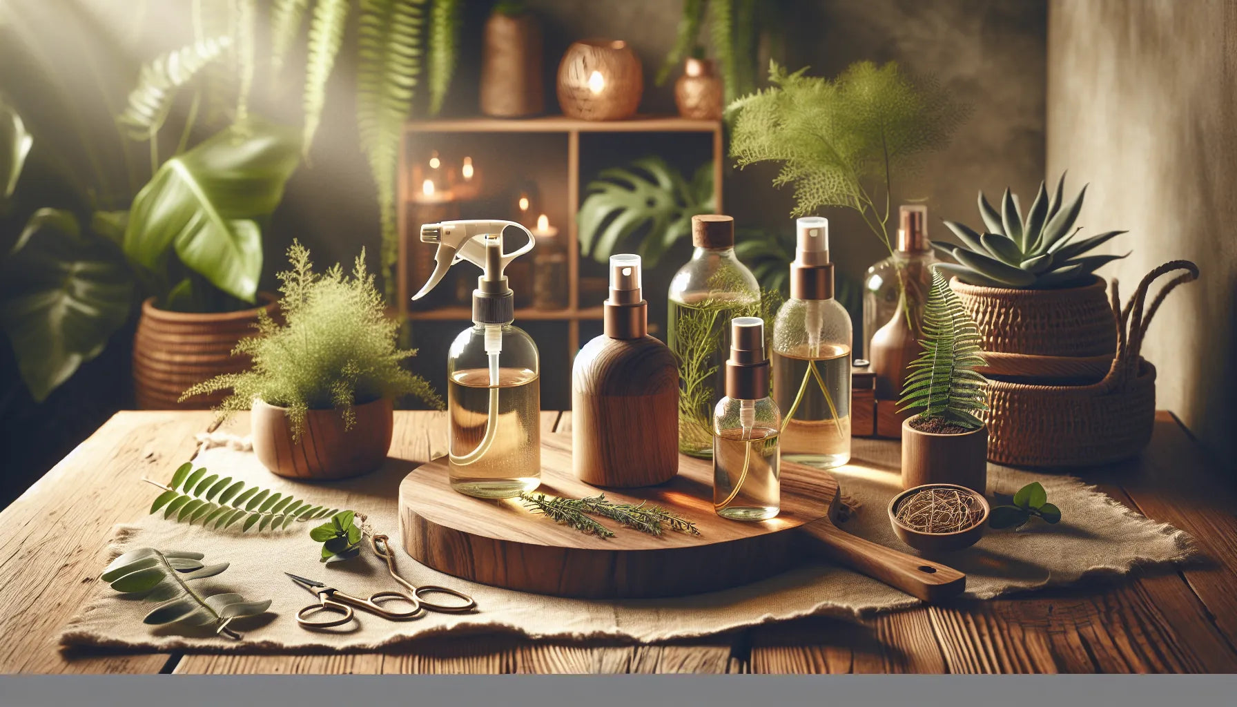 Scena evocativa di spray naturali su una superficie in legno con piante verdi