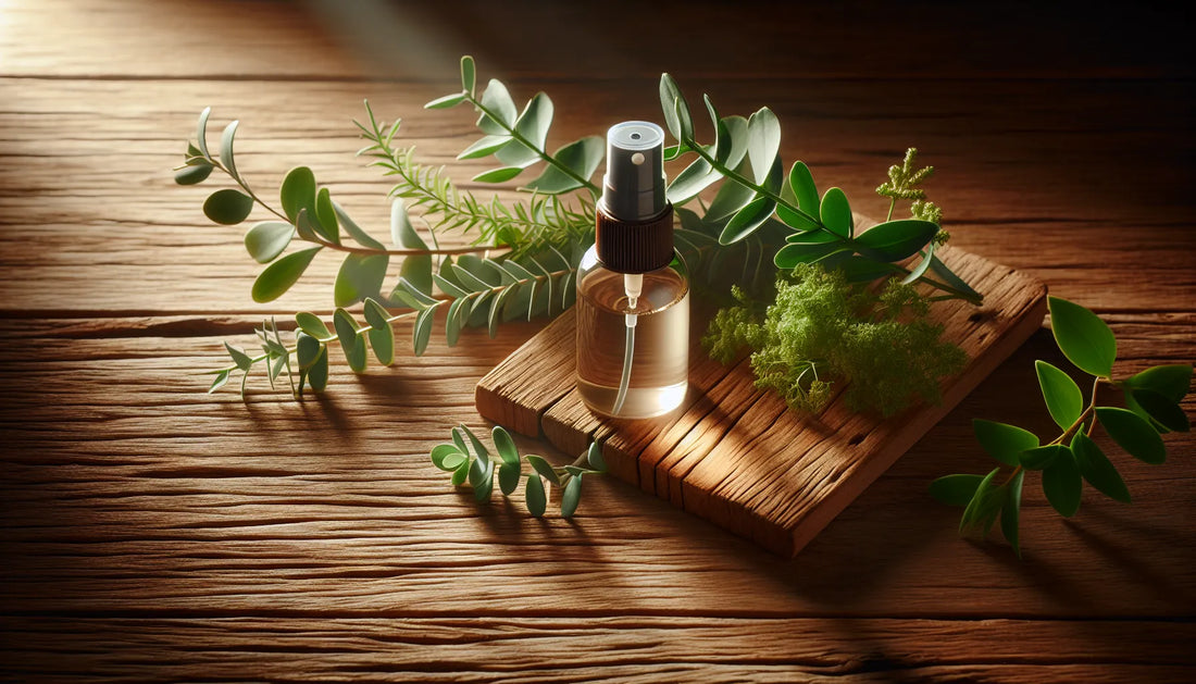 Scena evocativa di spray naturali su una superficie in legno con piante verdi