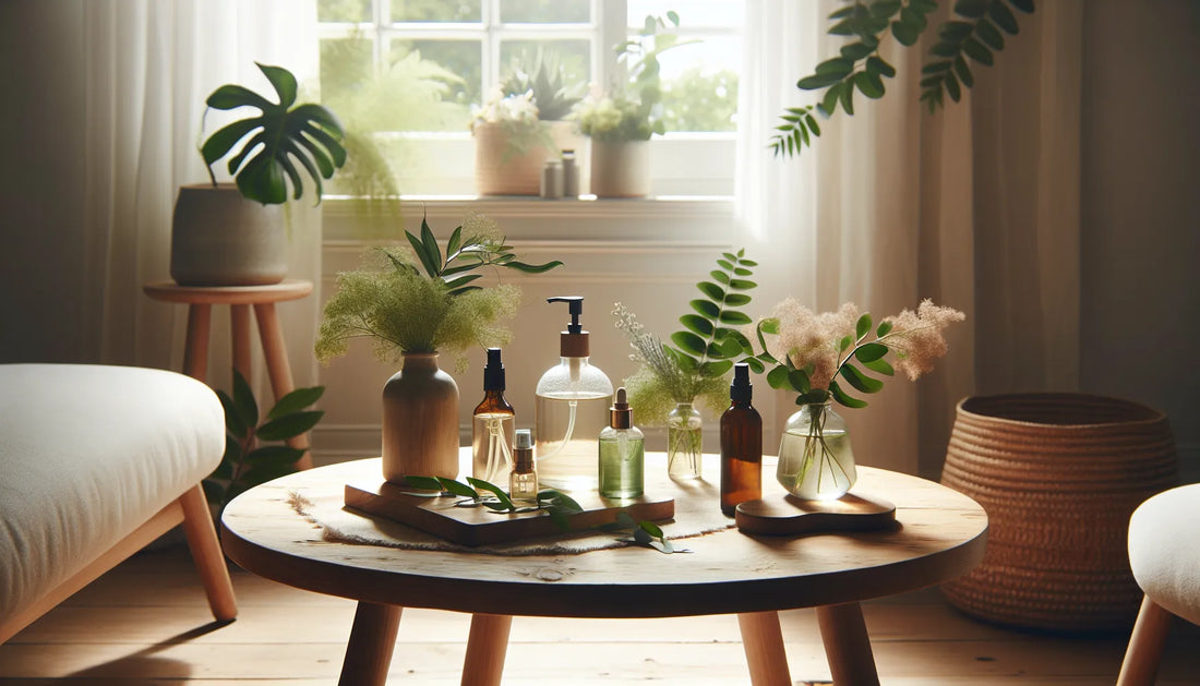 Un ambiente domestico fresco e naturale, con spray naturali su un tavolo in legno, circondato da piante verdi.