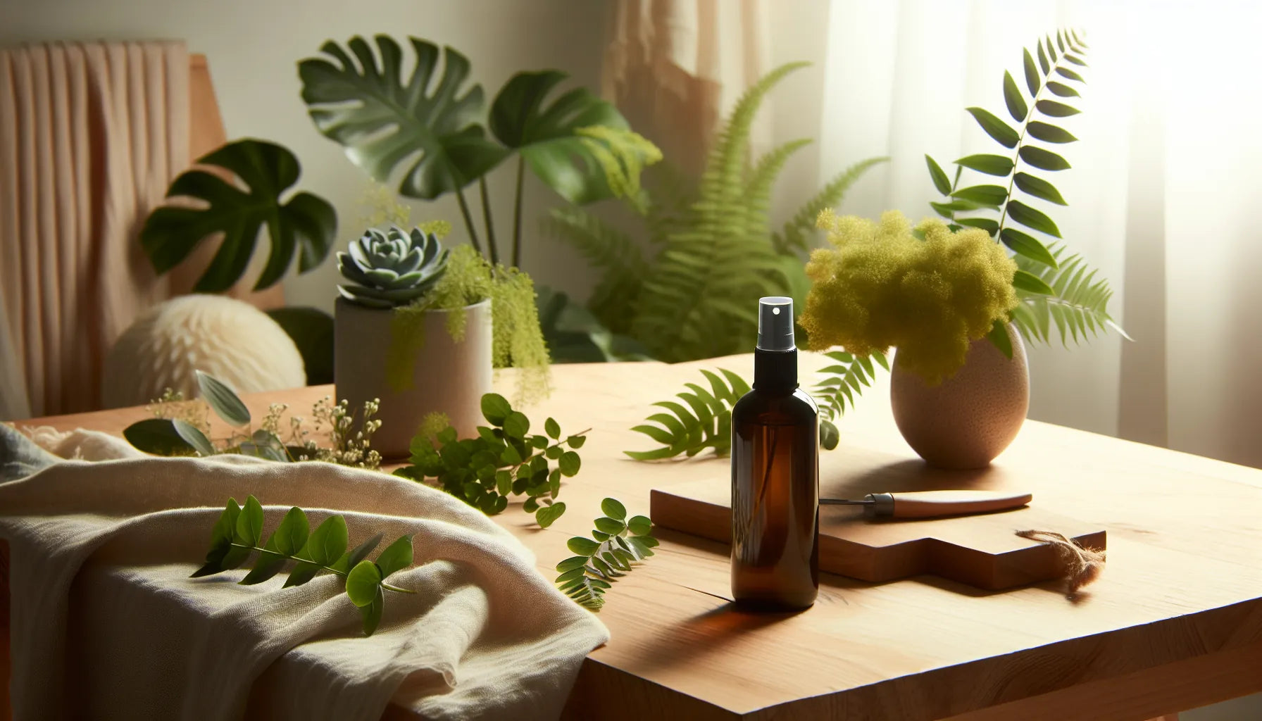 Scena di un ambiente naturale con spray naturali su una superficie di legno