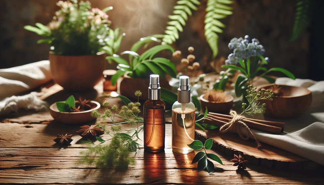 Scena evocativa di spray naturali per ambienti su una superficie di legno con piante verdi