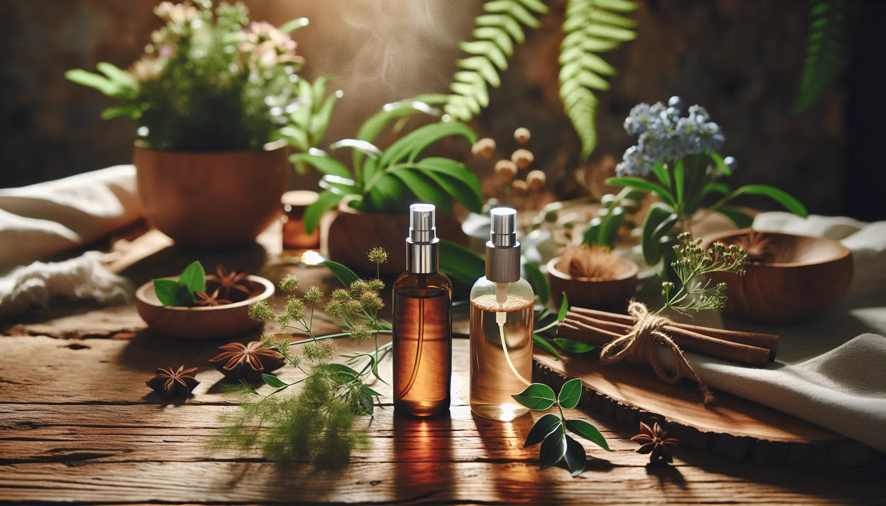 Scena evocativa di spray naturali per ambienti su una superficie di legno con piante verdi