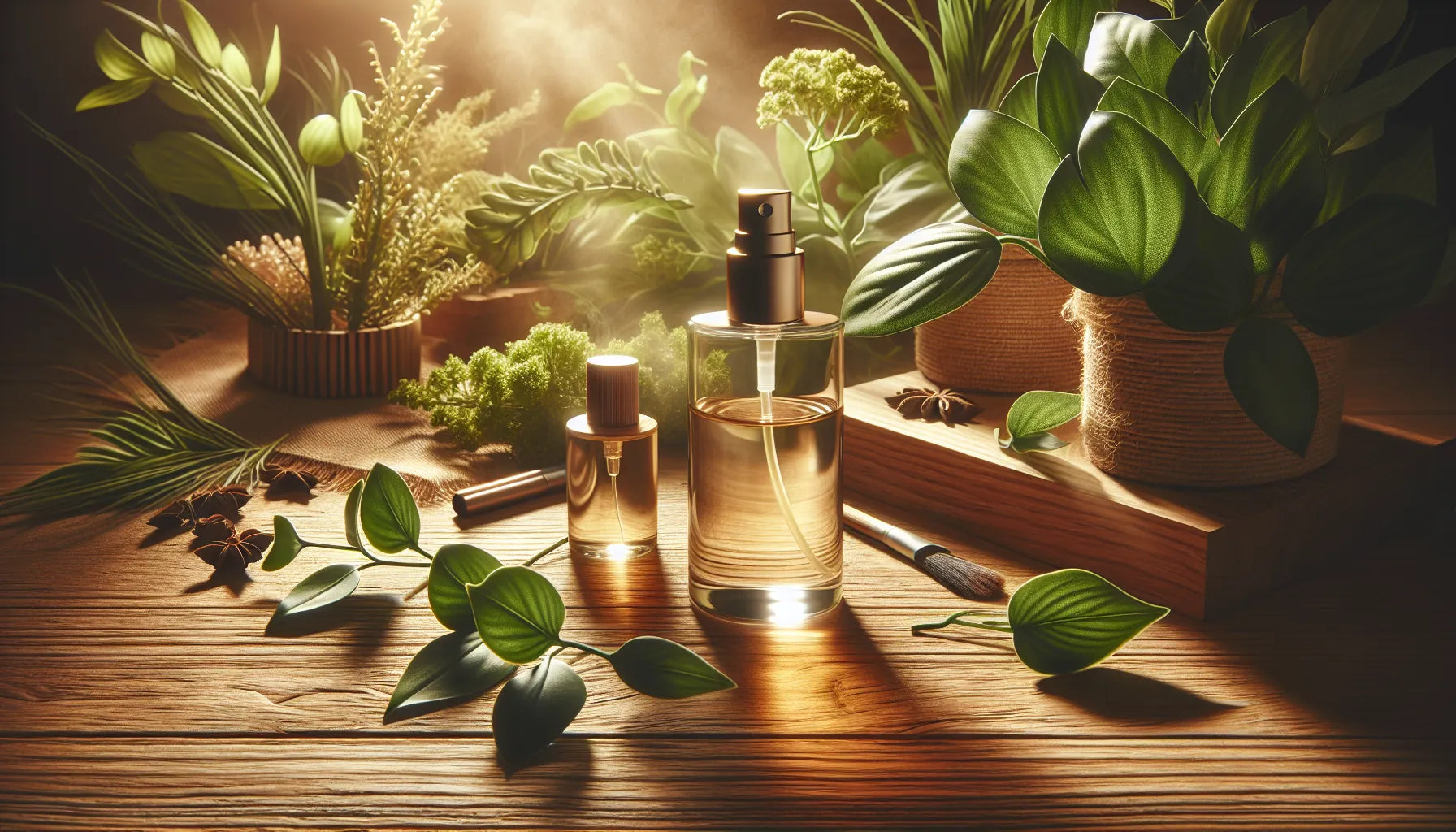 Scena che rappresenta spray naturali per ambienti su una superficie in legno con piante verdi