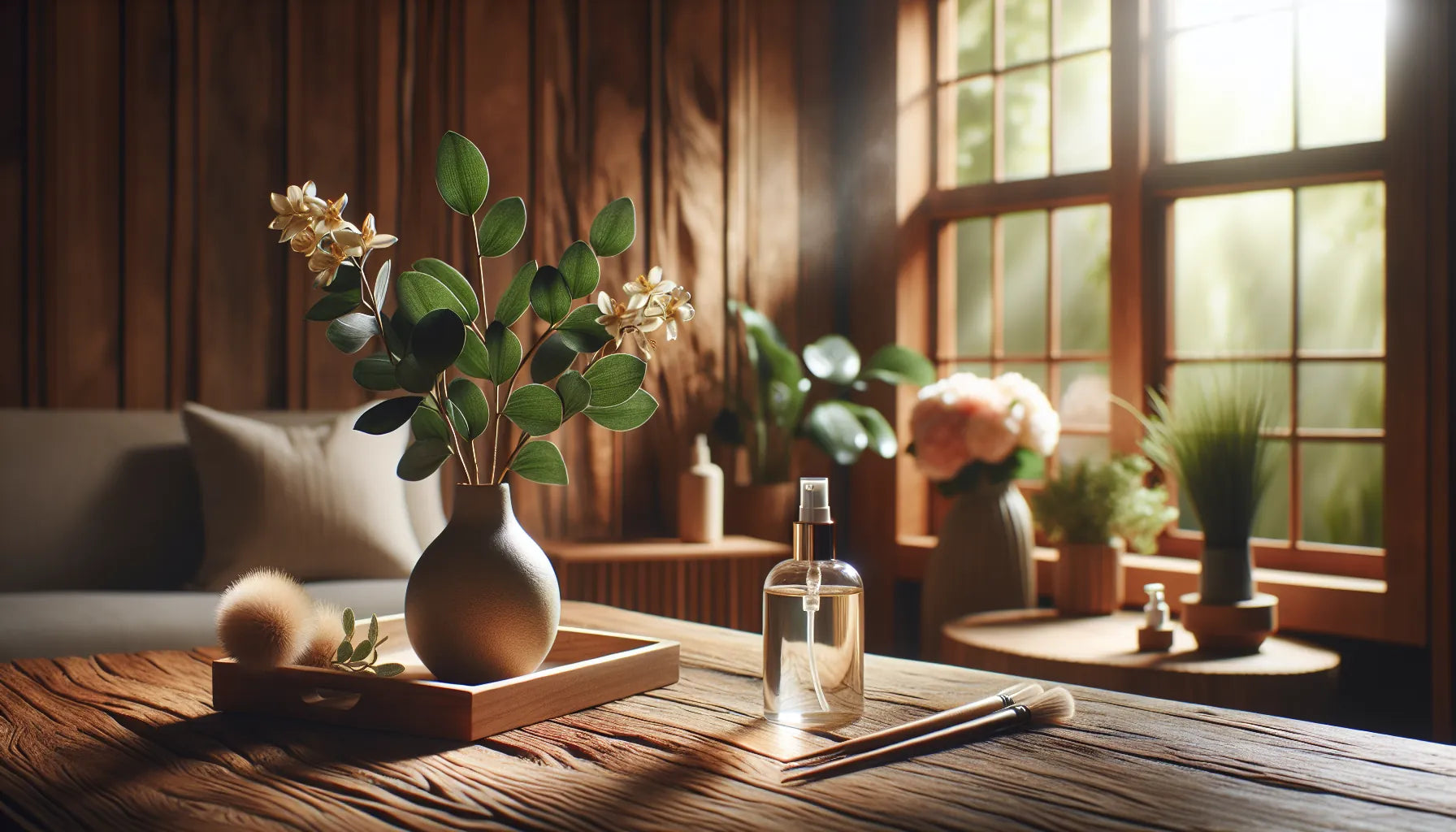 Un ambiente interno accogliente con superfici in legno e spray naturali per la profumazione