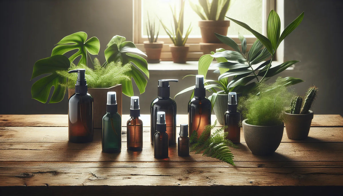 Scena evocativa di spray naturali su un tavolo di legno con piante verdi e luce morbida