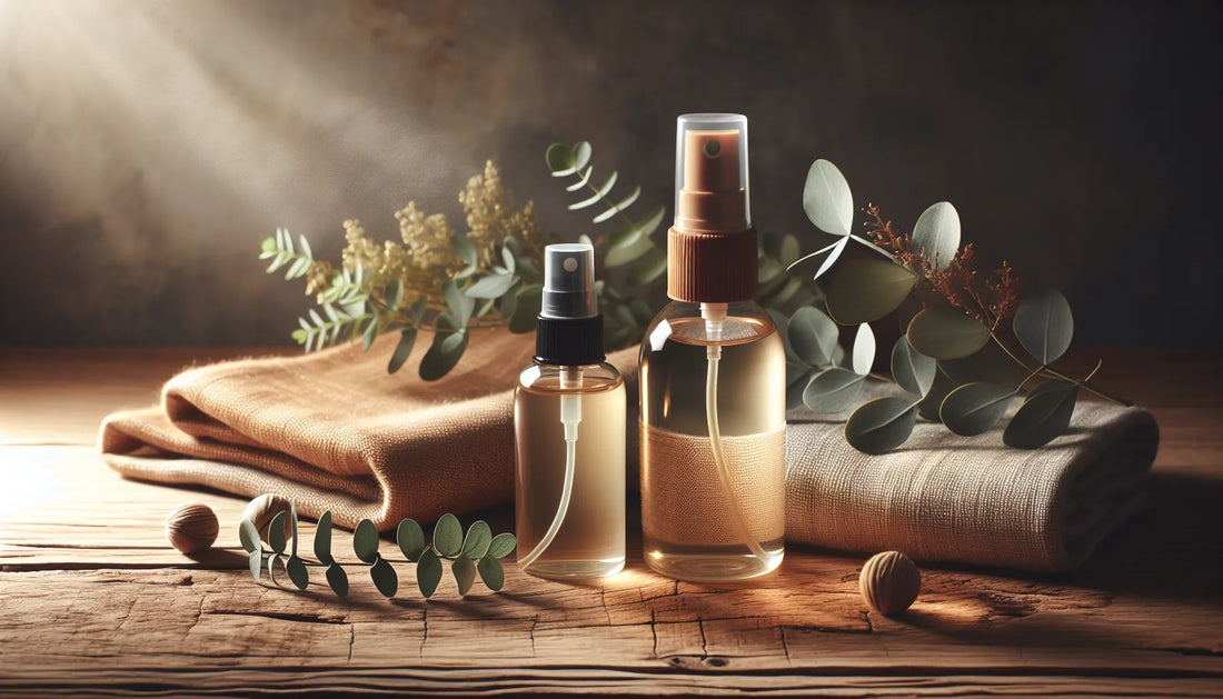Un'immagine che rappresenta spray naturali per tessuti e ambienti su una superficie di legno, evocando freschezza e benessere.