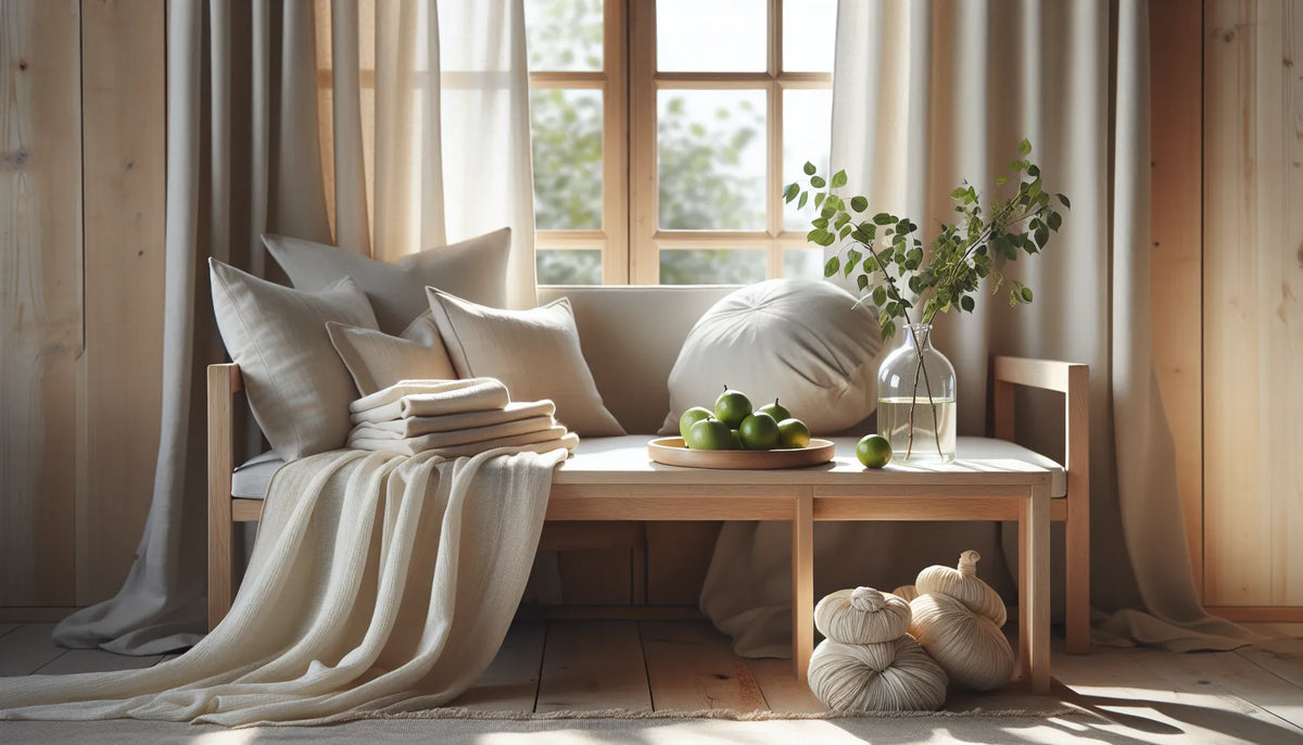 Scena evocativa di un ambiente domestico fresco e naturale con tessuti profumati e superfici in legno
