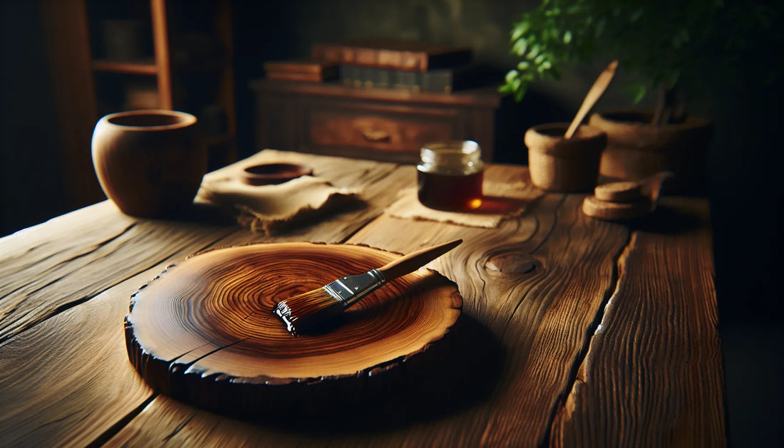 Scena di legno di castagno con venature evidenti e tannini in applicazione