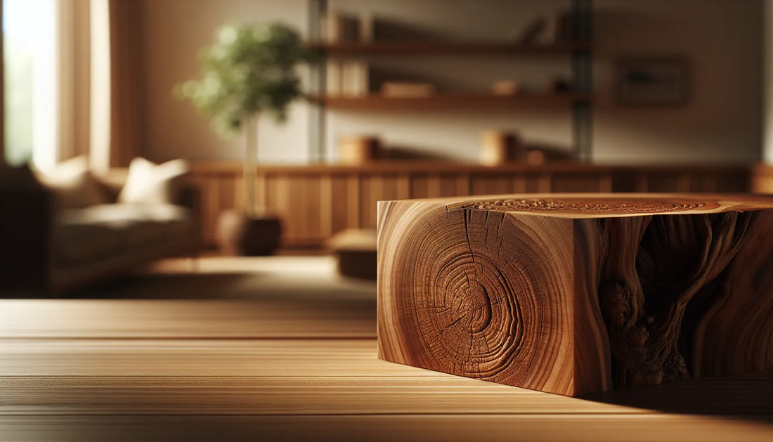 Scena di legno di castagno con evidenza delle venature e finiture naturali, rappresentante i tannini e la loro bellezza