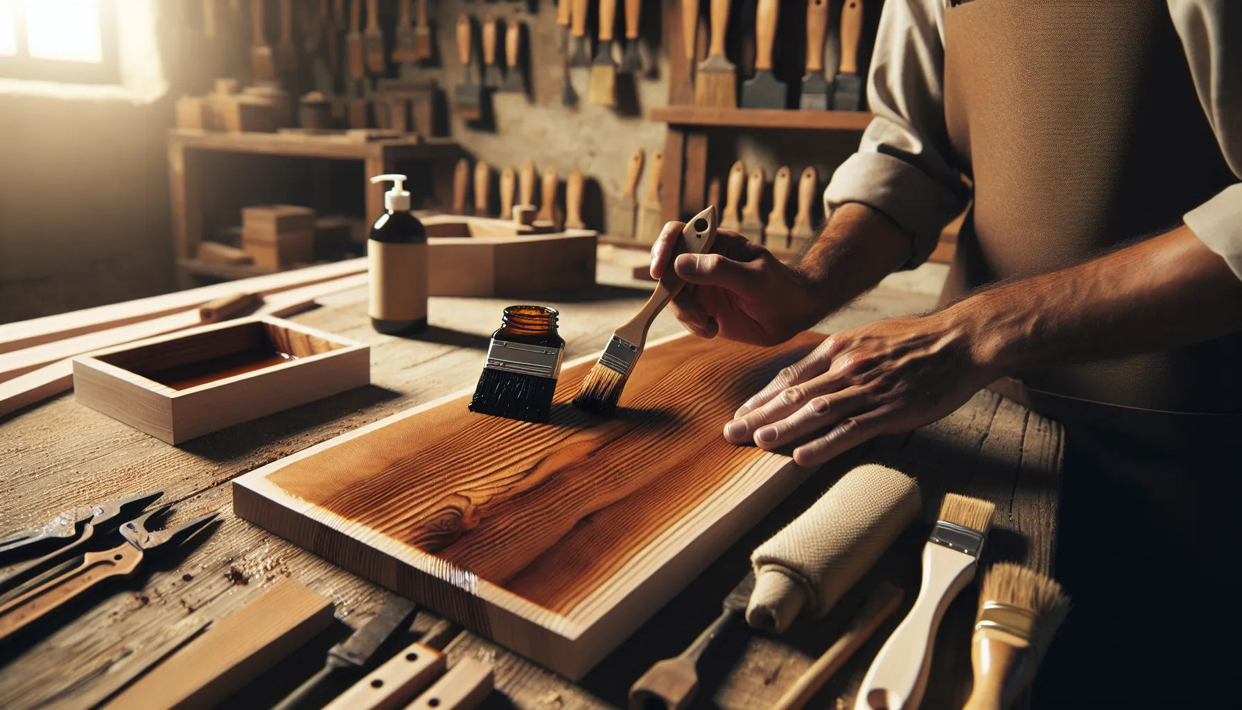 Scena di applicazione di tannini naturali su legno di castagno con texture visibili