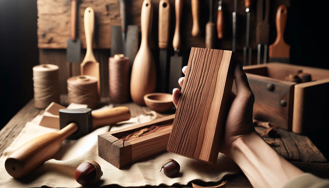 Scena di legno naturale trattato con tannini del castagno, evidenziando texture e venature