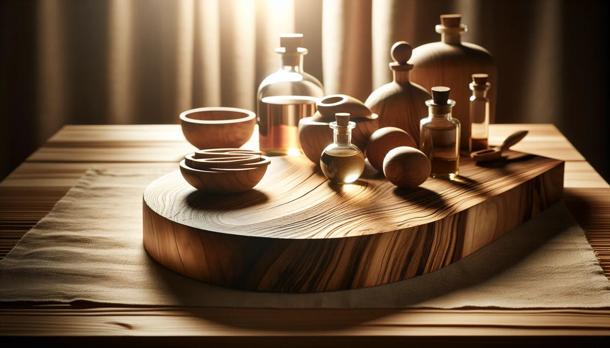 Scena di legno naturale con venature evidenti e finiture materiche, rappresentativa dei tannini nel legno.